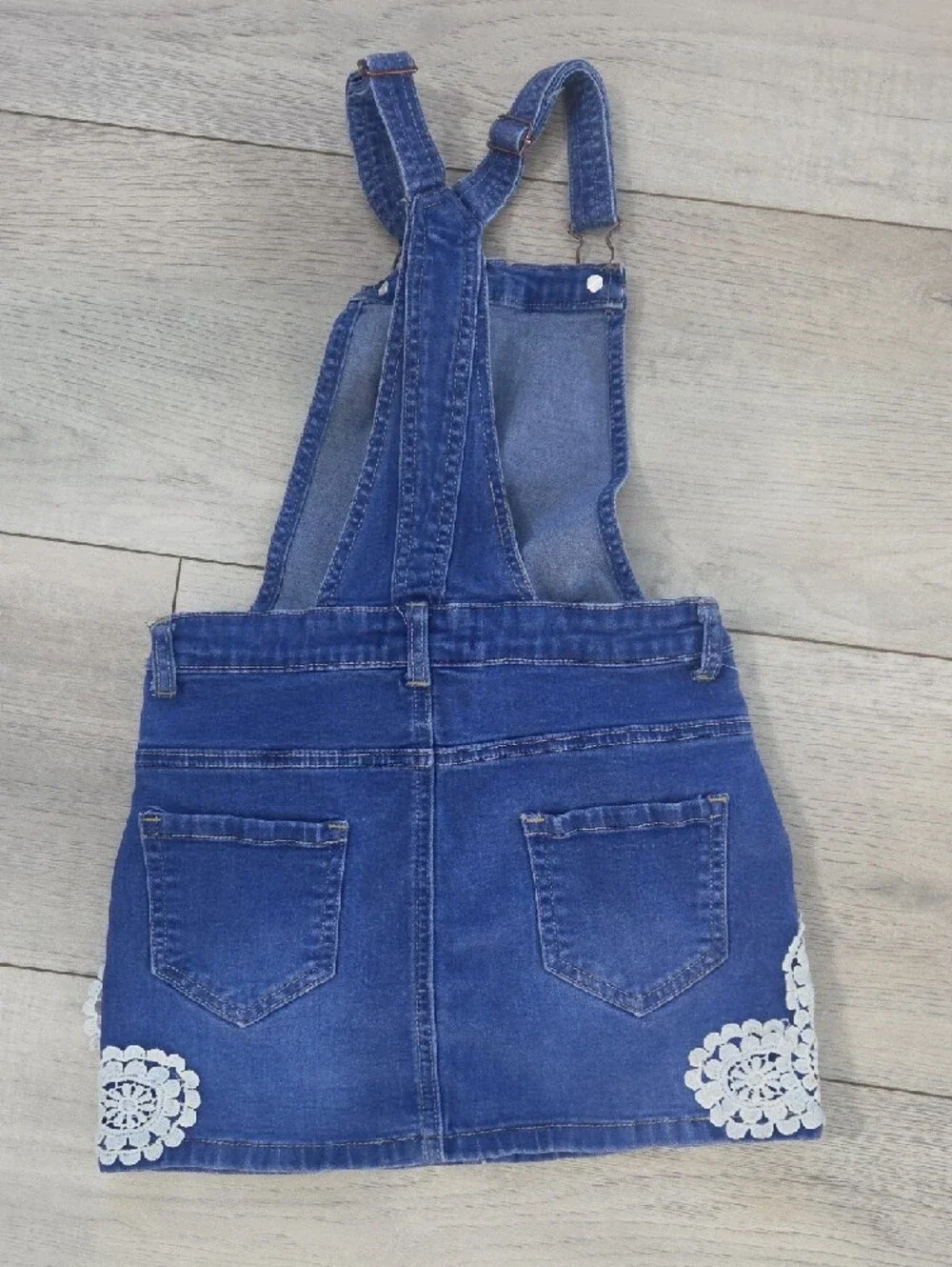 Soho Blue Denim Pinafore Skirt with White Lace Trim
